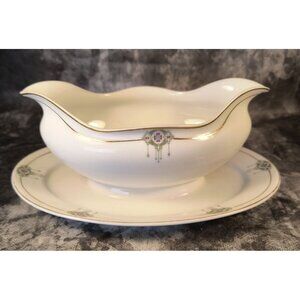 Vintage NS Nagoya China Gravy Boat & Attached Underplate Gold Trim Floral Design
